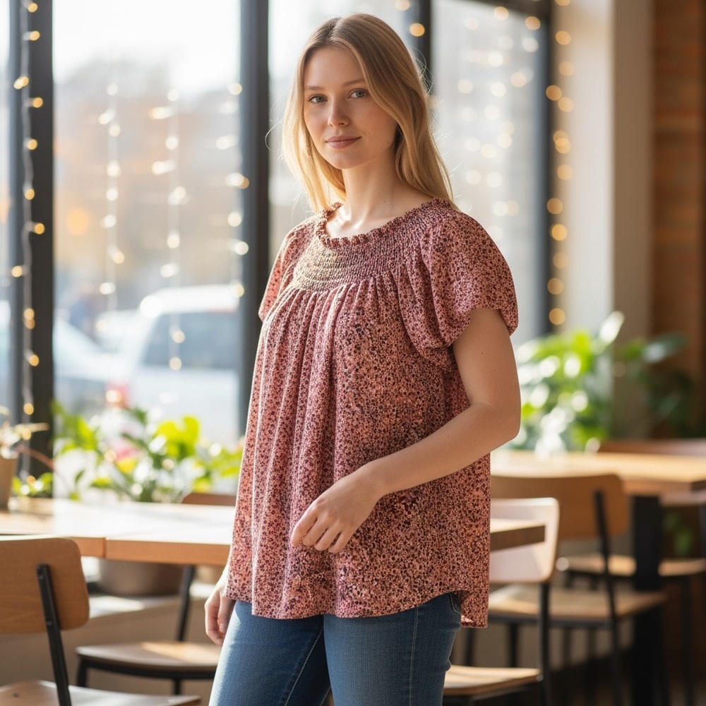 The Nines By Hatch | Floral Top Womens Pink Flutter Sleeves Maternity XS